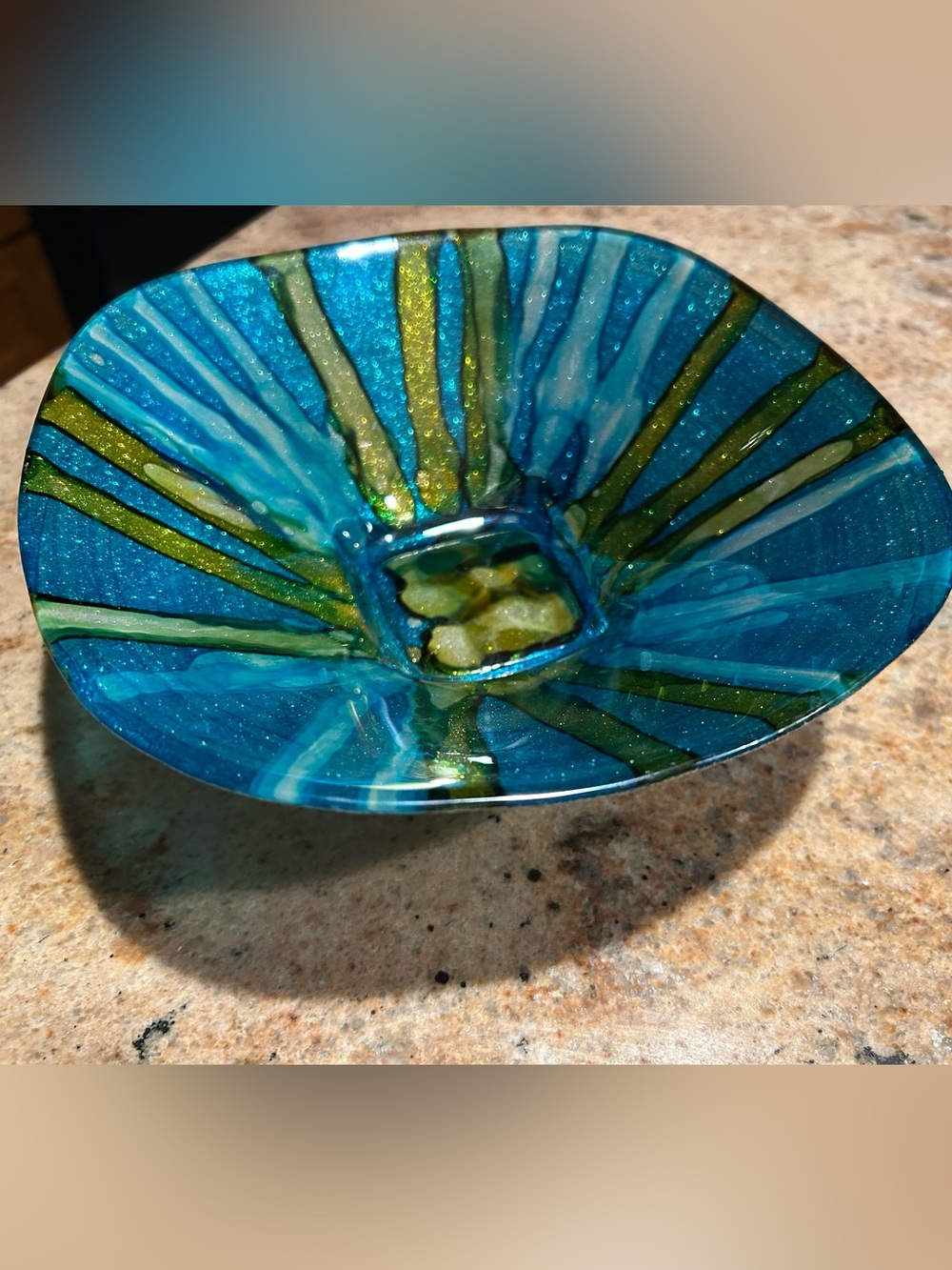 Hand Blown Glass Scalloped Edge Turquoise & Gold Watercolor 8” Bowl 3”deep